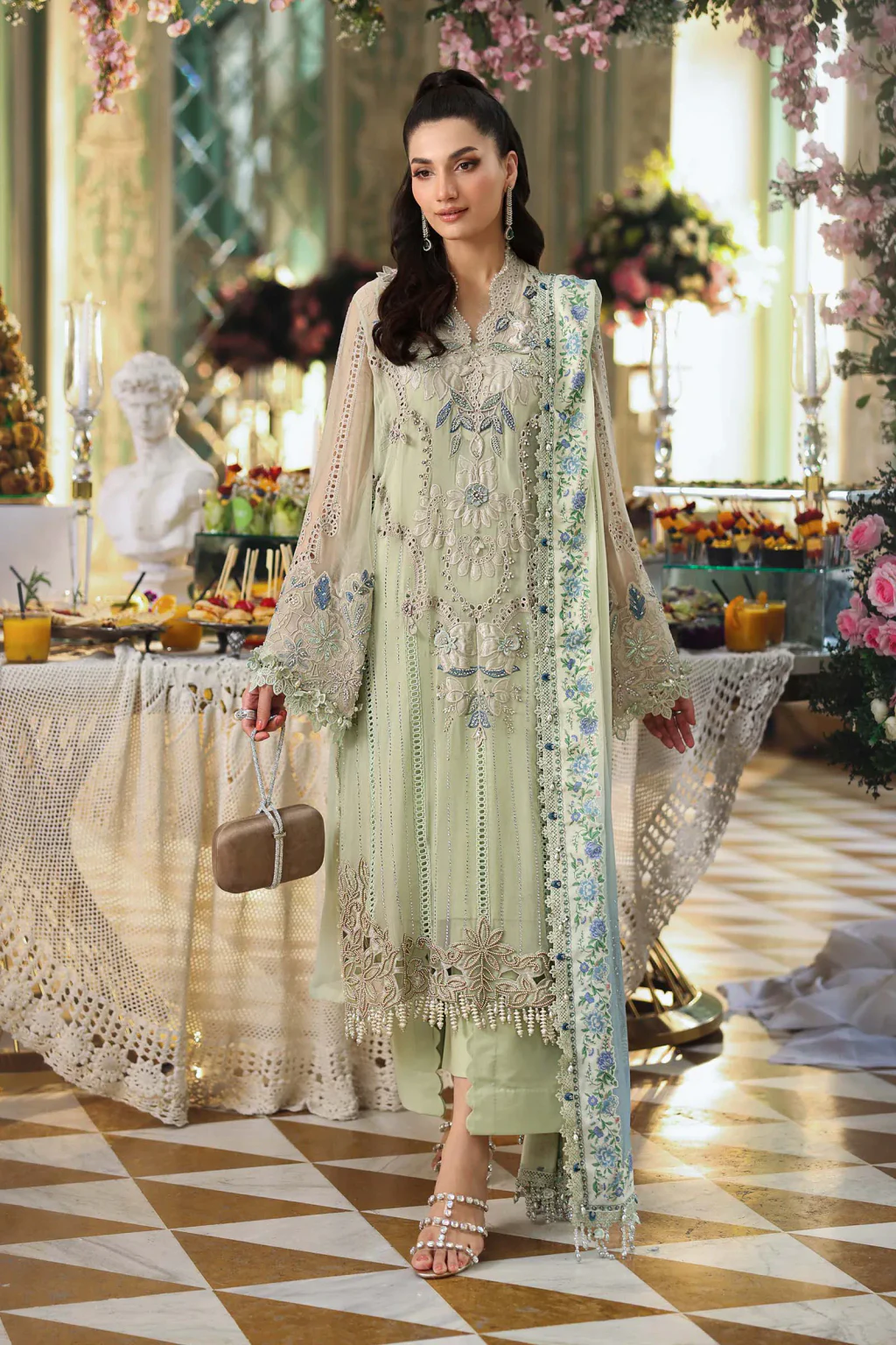 MPC-26-105 apple green embroidered chiffon formal, full front view